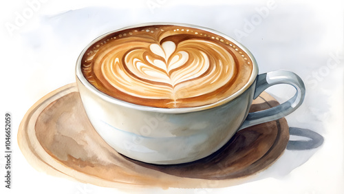 Watercolor Latte Coffee with Art on White Background. Perfect for: Coffee Day, Cafes, Breakfast Spots