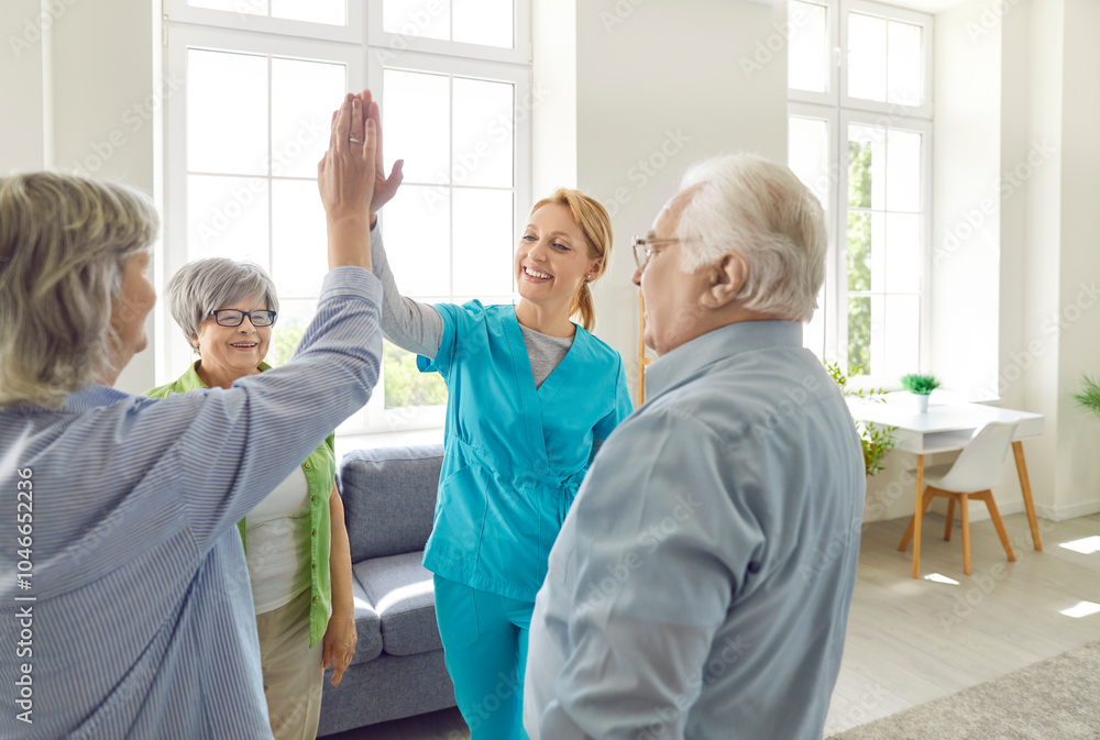Obraz premium Senior people retirement home activity, high five with skilled nurse, nursing care and service, happy old people enjoy good time, elder patients under supervising and gerontological guiding, playing