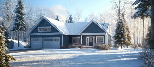 Ideal as a dream home, a new suburban cottage with a garage enjoys a sunny winter day.