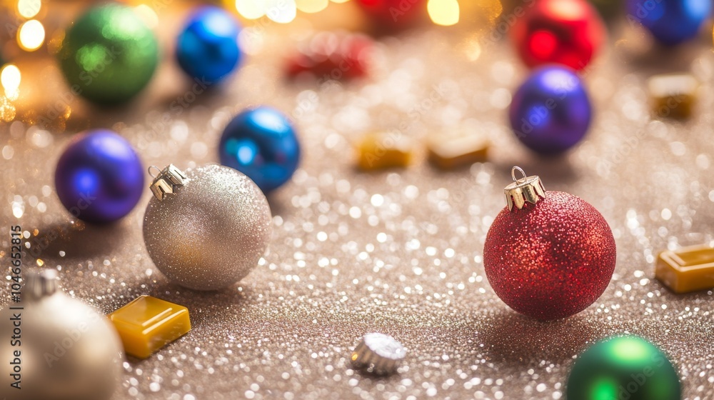 Colorful Baubles and Gelt on Glittery Background Colorful Baubles and Gelt on Glittery Background