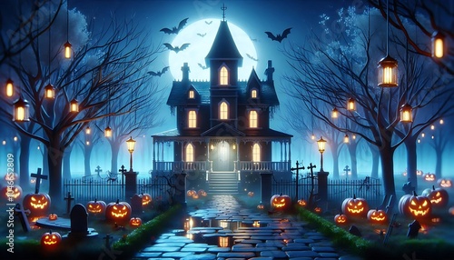 Vibrant, colorful Halloween haunted house with pumpkins, bats, and glowing lights set against a full moon backdrop.