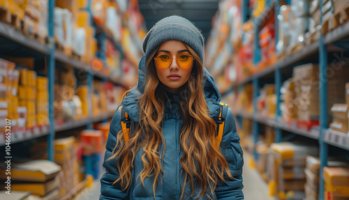 A fashionable young woman wearing a winter jacket and beanie, standing confidently in a vibrant warehouse aisle. Her look is complete with trendy yellow sunglasses, capturing urban style and confidenc photo