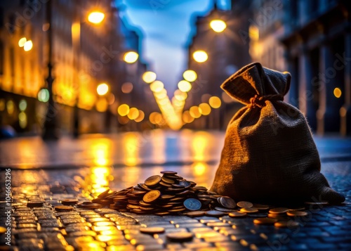 Shopping Bag Spills Coins on Street - Savings Concept with Silhouette Photography, Financial Success, Budgeting, Money Management, Shopping Savings, Urban Scene, Street Photography photo