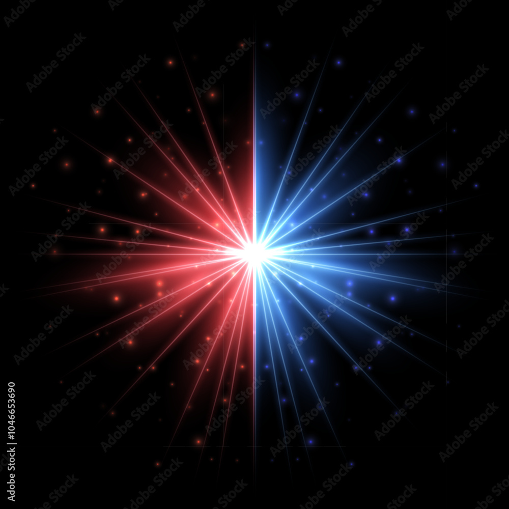 Fototapeta premium Blue and red light flash effect with shine glow rays on black horizontal background. Flare of light with beams in dark space. Bright spark shining vector illustration.