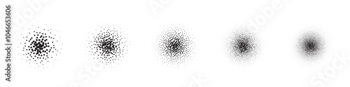 Dot grain texture circles vector set. Abstract black spheres with gradient stipple pattern, globes with gradation to fade of monochrome grainy dots or noise dust on white background.