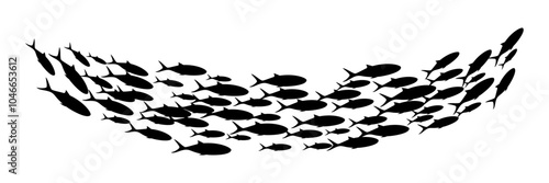 Fish group swimming. School of blackfish. Silhouette of group of sea fishes. Abstract vector illustration isolated on transparent.