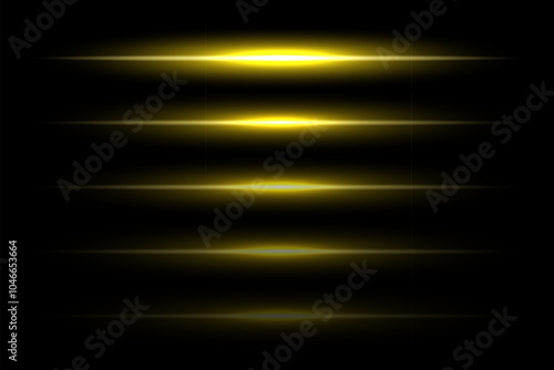Neon light laser golden lines with flash effect. Yellow abstract night electric beams, fluorescent led light rays. Modern futuristic vector collection isolated on black background.