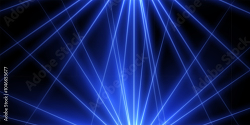 Blue laser lights background. Color neon laser crossed beams isolated on black. Nightclub, disco, dance club, show, concert stage with illumination. Abstract futuristic vector illustration.