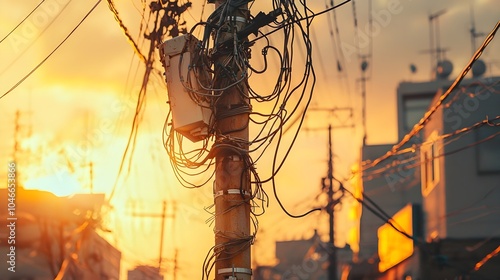 Closeup of a power pole with tangled cables and wires illuminated by the warm golden hour sunset light in an urban city skyline landscape