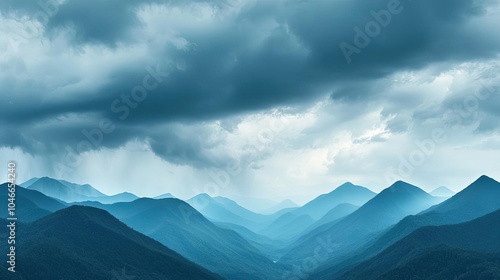 Misty mountains under a cloudy sky, serene and atmospheric.