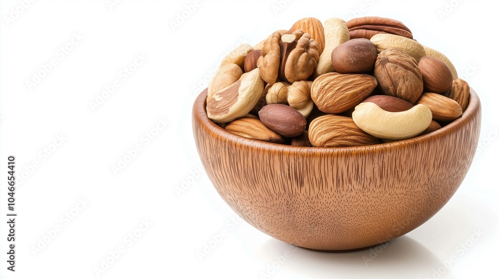 A bowl of mixed nuts featuring almonds, cashews, walnuts, and hazelnuts arranged on a white background for healthy snacking choices A bowl of mixed nuts featuring almonds, cashews, walnuts, and hazelnuts arranged on a white background for healthy snacking choices