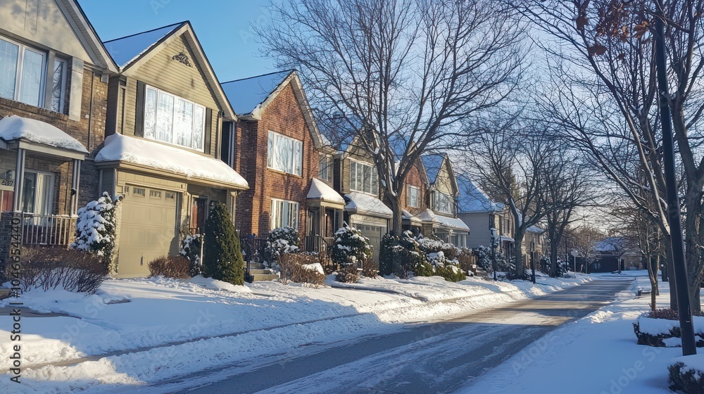 A series of suburban homes stand against a backdrop of winter streets and leafless trees. A series of suburban homes stand against a backdrop of winter streets and leafless trees.