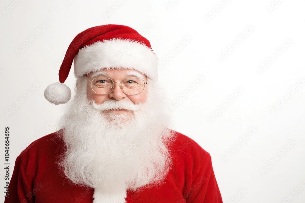 Closeup of chubby Santa Claus with glasses and his red pajamas, isolated on white background. Closeup of chubby Santa Claus with glasses and his red pajamas, isolated on white background.