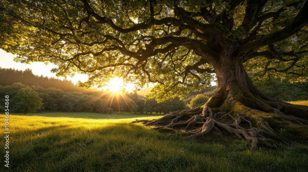 Majestic tree with expansive roots and sunlight streaming through vibrant leaves. Majestic tree with expansive roots and sunlight streaming through vibrant leaves.