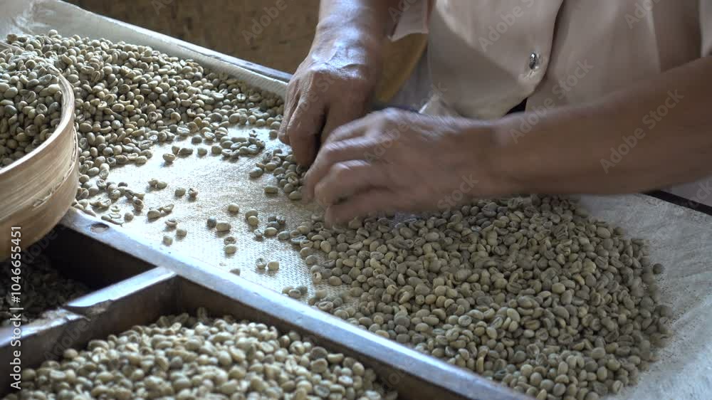 Close-up view of a woman sorting coffee beans on a plantation in Eastern Java, Indonesia