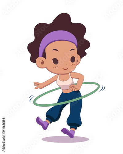 Cute style woman twirling hoola hoop cartoon illustration