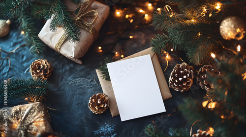 
Mockup. Elegant, simple, christmas card layout, 6x4 white blank card, rests on a table, High quality professional photography photo