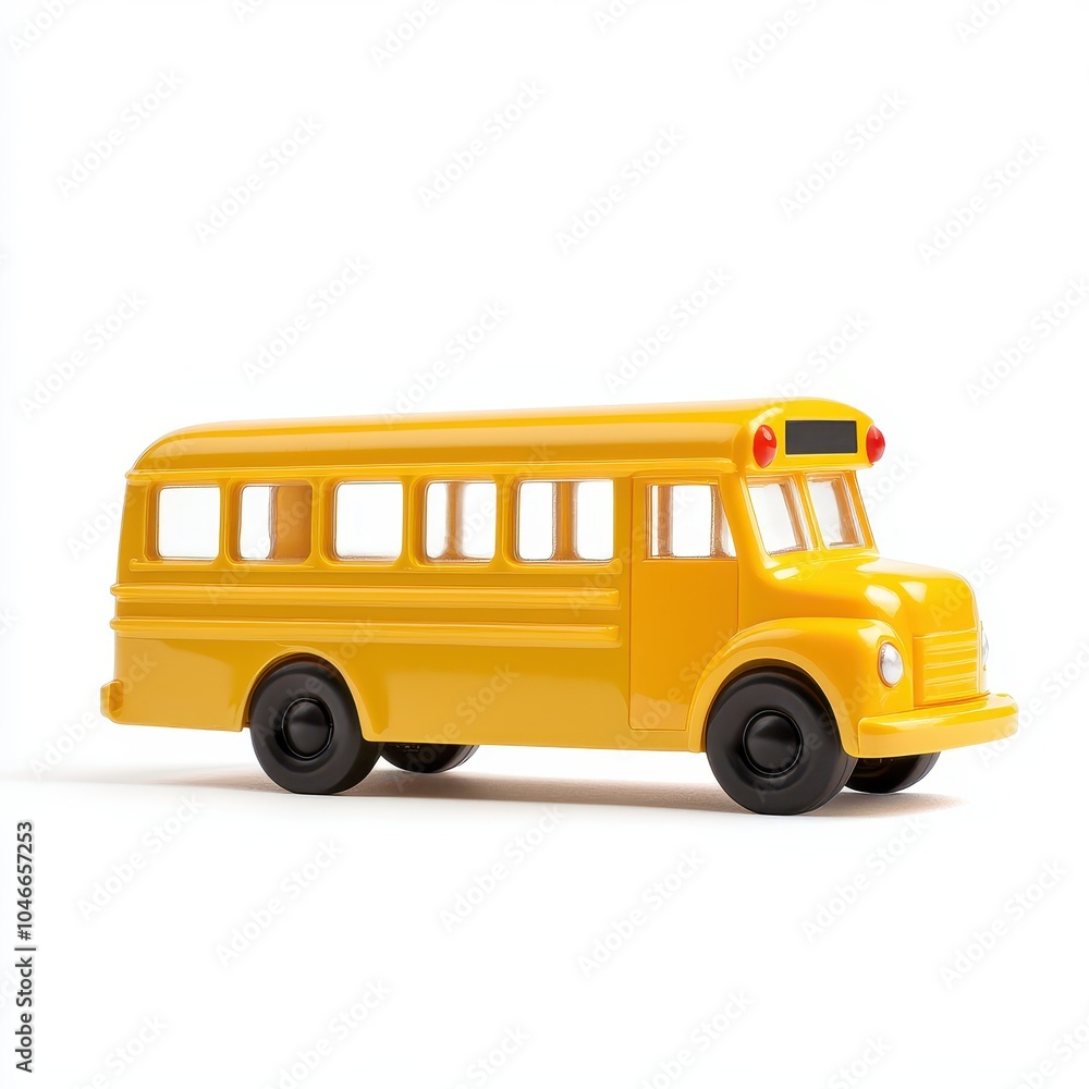 A bright yellow plastic toy school bus isolated against a white background, representing childhood, play, and education. A bright yellow plastic toy school bus isolated against a white background, representing childhood, play, and education.