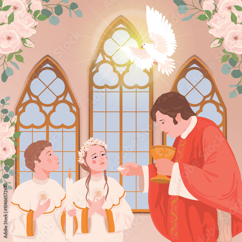 Children in the church during the first communion. The priest is holding bread. Vector illustration. A ceremony in the Christian tradition, a member of the church receives the Eucharist.