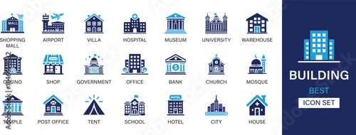 Building best solid icon set collection. Shopping mall, airport, villa, hospital, museum, university, warehouse, casino, shop, government, office, bank, mosque and vector illustration.