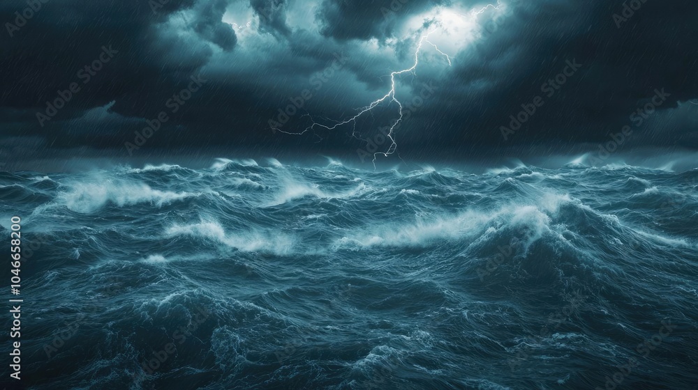 Stormy ocean waves under dark clouds with lightning striking the sea. Stormy ocean waves under dark clouds with lightning striking the sea.