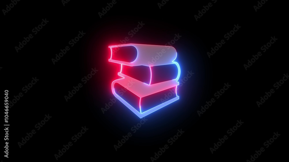 Neon symbol icon, Neon books open icon blue red color glowing black background