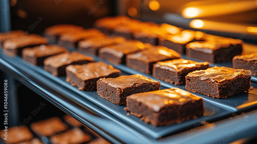 Freshly baked brownies cooling on a rack. Freshly baked brownies cooling on a rack.