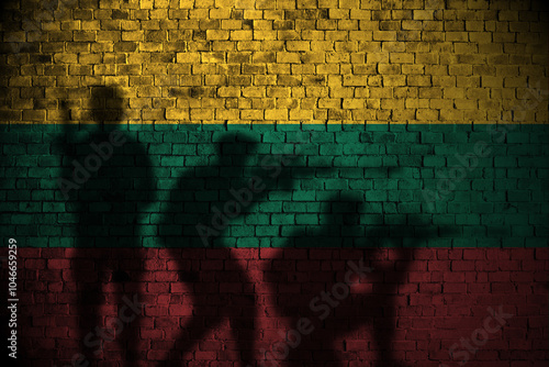 lithuania flag on brick wall and soldiers shadow photo