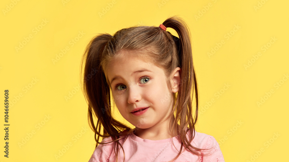 With slightly tilted head and amused expression, girl gives curious look, full of innocence and wonder against vibrant yellow background. Concept of facial-expressions, positive and negative emotions With slightly tilted head and amused expression, girl gives curious look, full of innocence and wonder against vibrant yellow background. Concept of facial-expressions, positive and negative emotions
