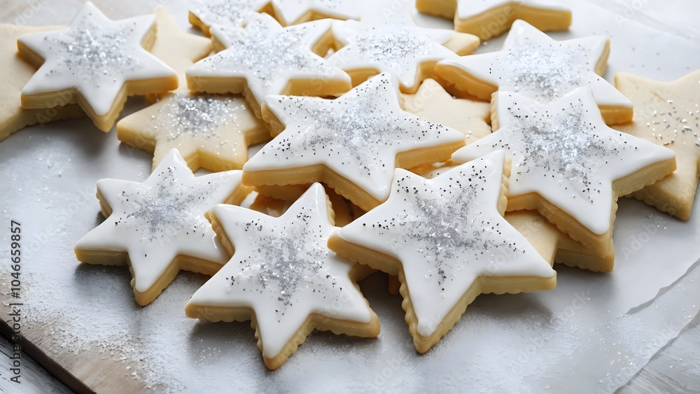 Classic shortbread cookies in star shapes, frosted and sprinkled with silver for a holiday look. AI-generated Classic shortbread cookies in star shapes, frosted and sprinkled with silver for a holiday look. AI-generated