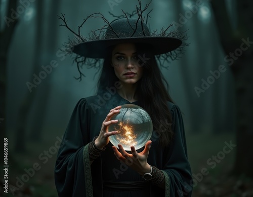 Witch and magic crystal bal...