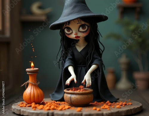 Witch making a potion. Clay...