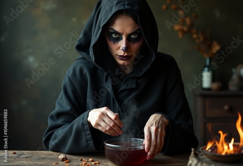 Witch making a potion. Myst...