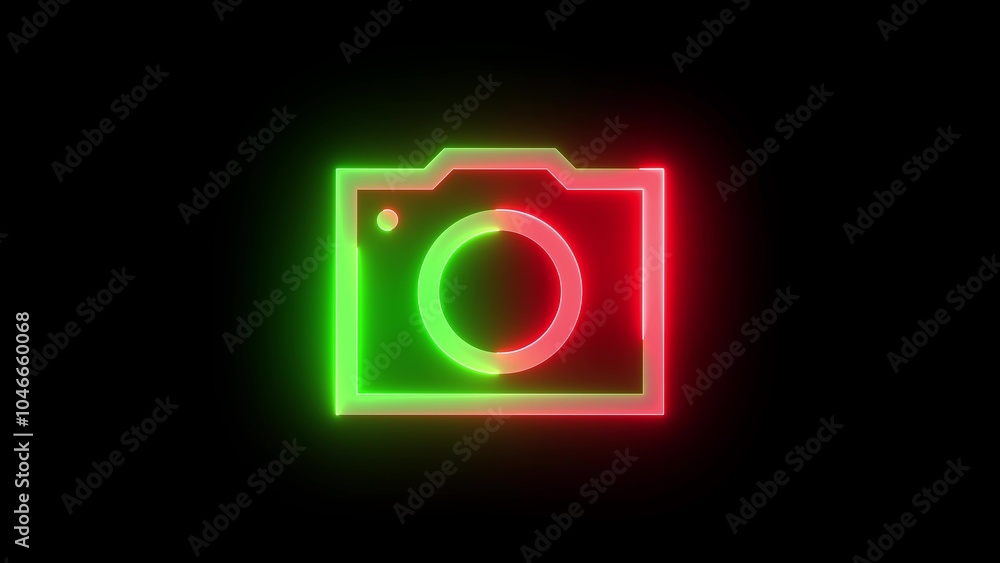 Neon symbol icon, Neon camera icon green red color glowing black background Neon symbol icon, Neon camera icon green red color glowing black background