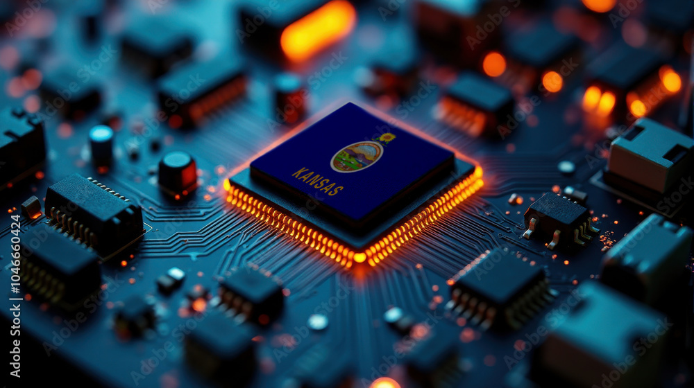 A microprocessor with the Kansas flag is embedded on a circuit board, highlighted by glowing lights, showcasing influence in global semiconductor and computing technology. A microprocessor with the Kansas flag is embedded on a circuit board, highlighted by glowing lights, showcasing influence in global semiconductor and computing technology.