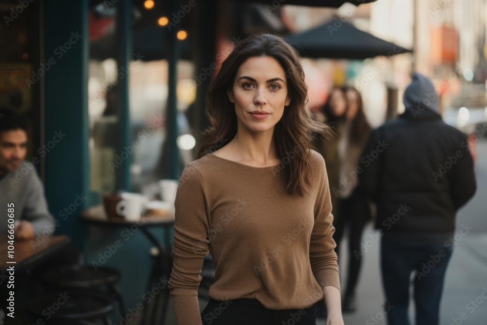 Portrait of a beautiful young woman standing in a street cafe. Portrait of a beautiful young woman standing in a street cafe.