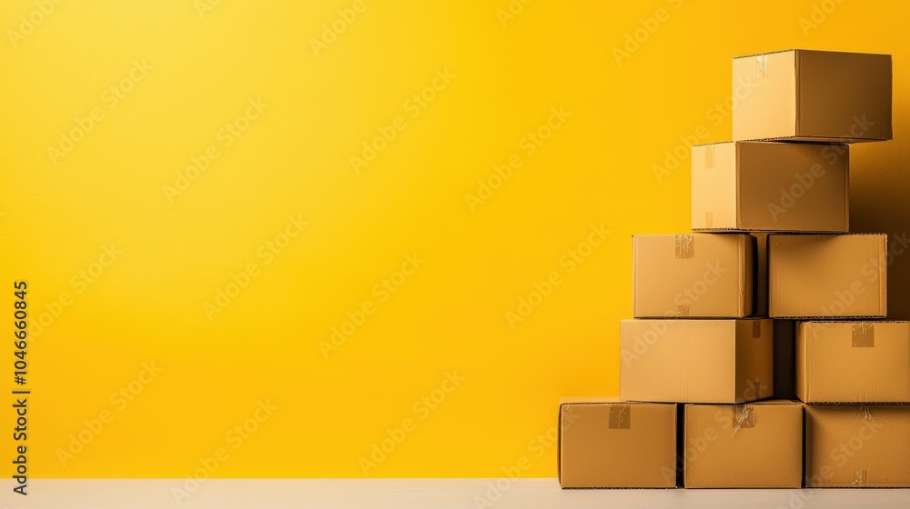 Stack of Cardboard Boxes on Yellow Background Stack of Cardboard Boxes on Yellow Background
