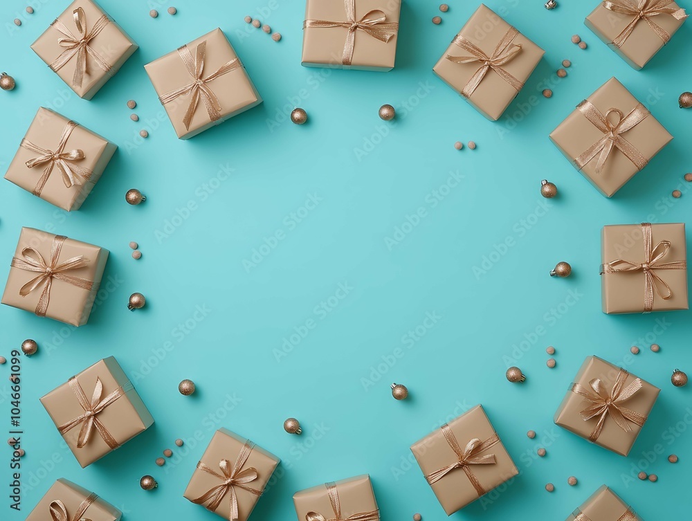 Decoratively wrapped gifts arranged on a vibrant turquoise background with small golden ornaments for a festive celebration Decoratively wrapped gifts arranged on a vibrant turquoise background with small golden ornaments for a festive celebration