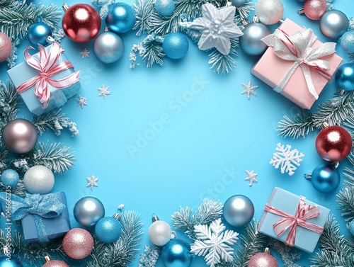 Colorful holiday decorations with gifts and ornaments on a blue background, creating a festive atmosphere for Christmas celebrations