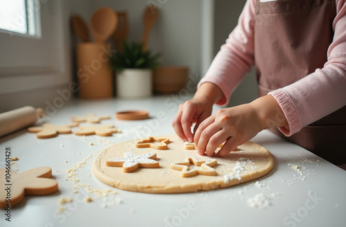 Child decorating Christmas cookies with colorful sprinkles on a table