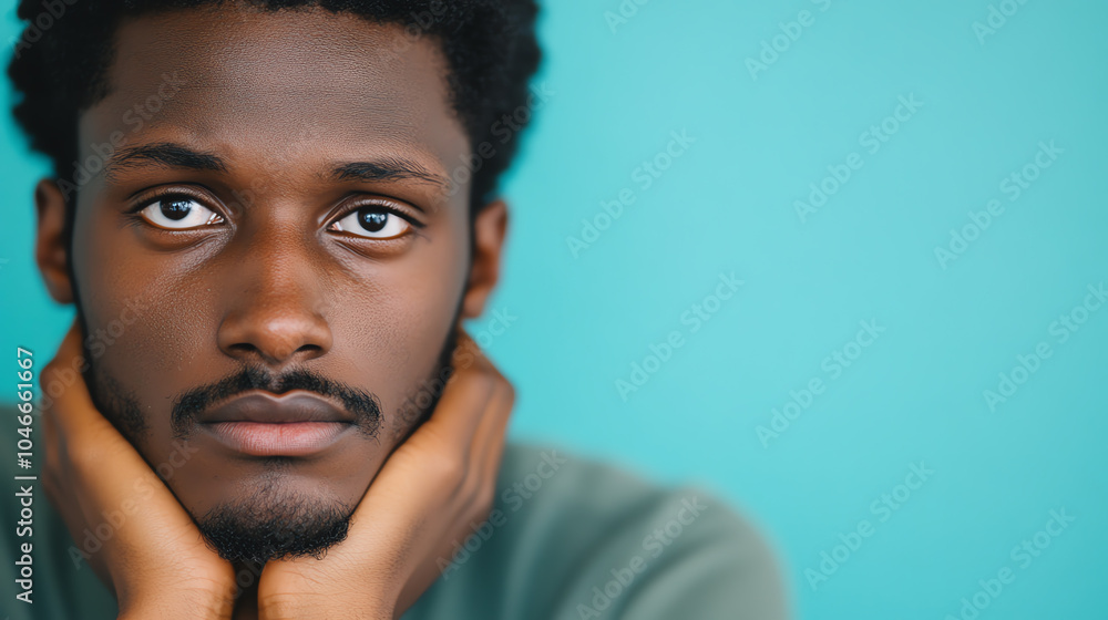 A thoughtful young man with an introspective expression, resting his chin on his hands against a vibrant blue background. A thoughtful young man with an introspective expression, resting his chin on his hands against a vibrant blue background.