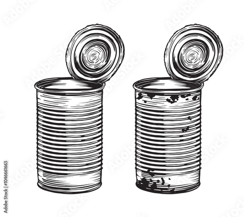 Open vintage Tin Can depicting its textured surface sketch engraving vector illustration. Tin can with rust for travel or hiking in painted by black inks. Drawn food camp cooking in expedition.