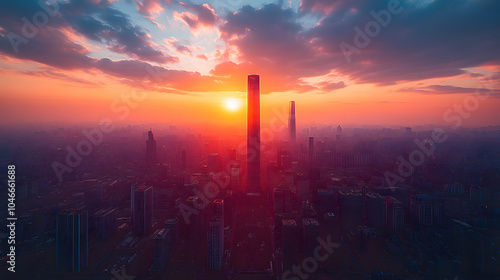 The Tall Buildings of the Magnificent Modern City in Beijing, Capturing the Skyline with Skyscrapers Illuminated at Dusk. A Stunning Urban Scene Showcasing the City’s Architectural Grandeur. 