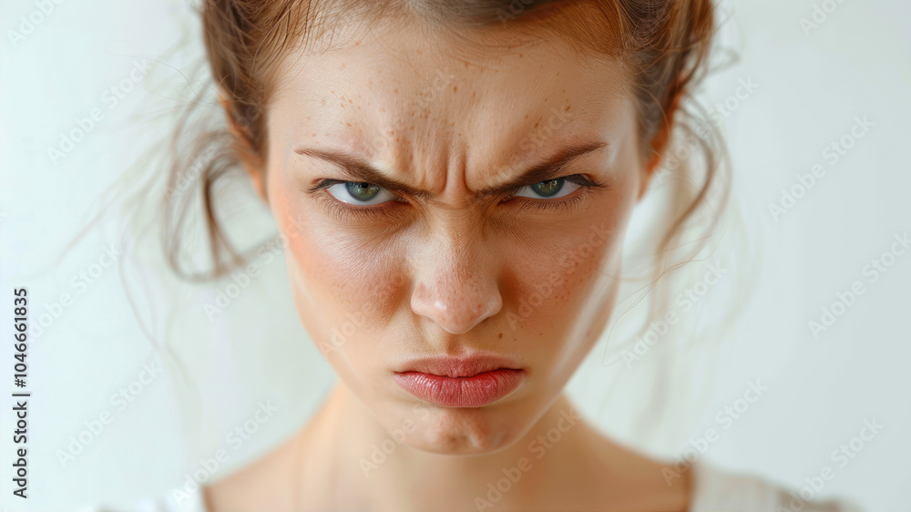 Angry Young Woman Expressing Frustration With Furrowed Brows and Intense Stare Angry Young Woman Expressing Frustration With Furrowed Brows and Intense Stare