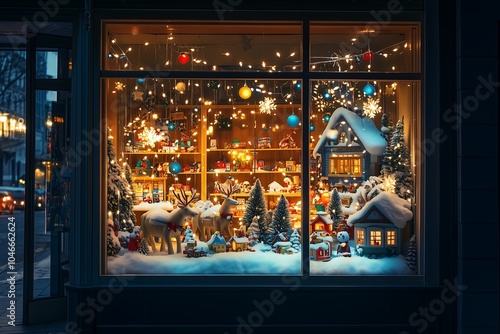 Magical toy store window with winter wonderland at night..