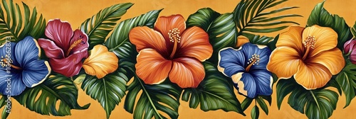 Wallpaper Mural Vibrant hibiscus flowers and tropical leaves border on a yellow background. Torontodigital.ca
