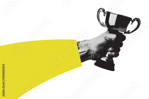 A hand holding a winning first place trophy. Grunge halftone grain design element