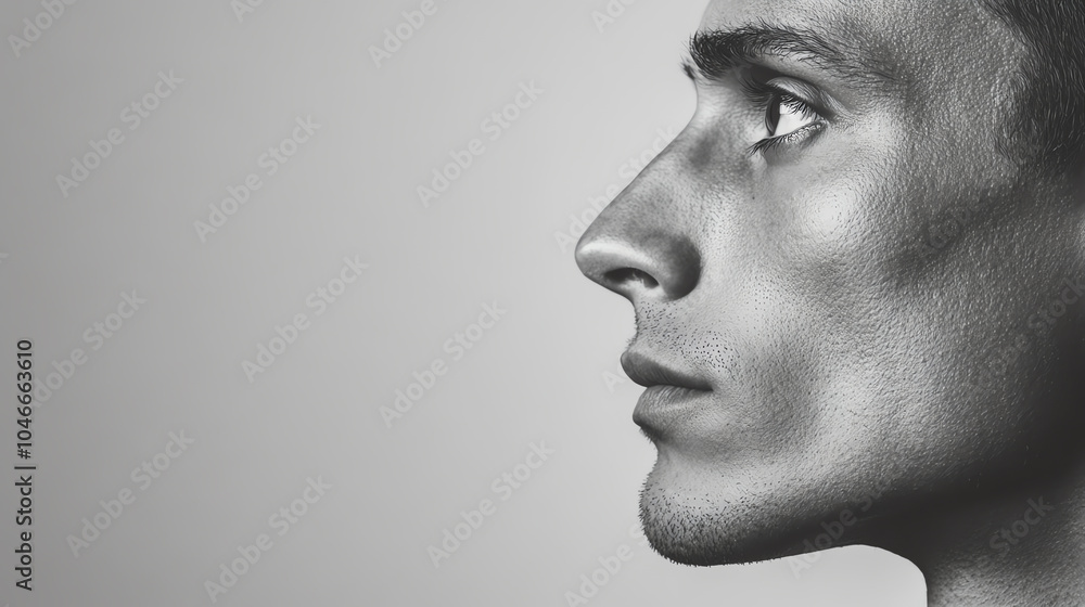 Profile shot of a thoughtful man with a strong jawline and striking features against a minimalist background. Profile shot of a thoughtful man with a strong jawline and striking features against a minimalist background.