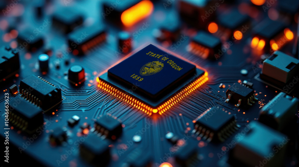 A microprocessor with the Oregon flag is embedded on a circuit board, highlighted by glowing lights, showcasing influence in global semiconductor and computing technology. A microprocessor with the Oregon flag is embedded on a circuit board, highlighted by glowing lights, showcasing influence in global semiconductor and computing technology.