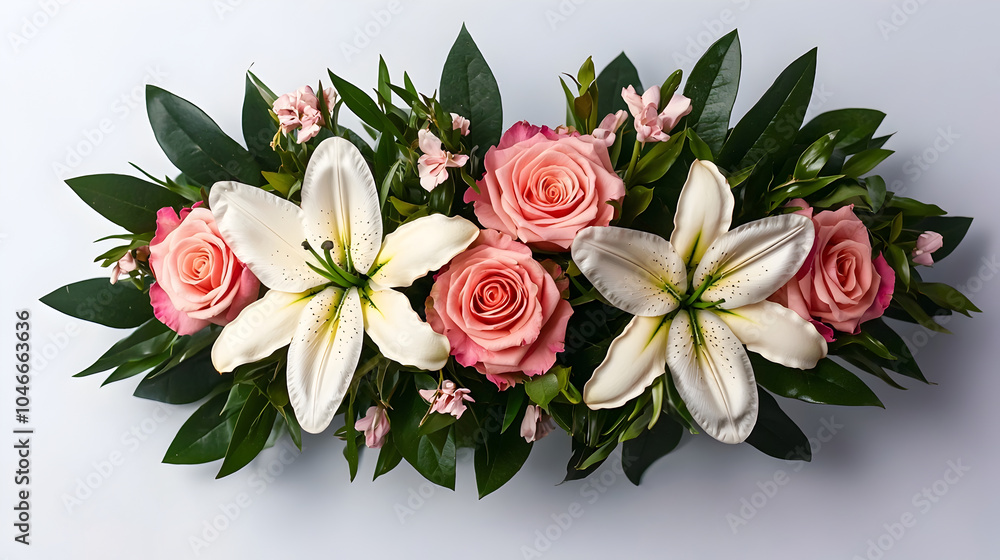 Obraz premium Elegant Floral Arrangement with Roses and Lilies on a Clean Background